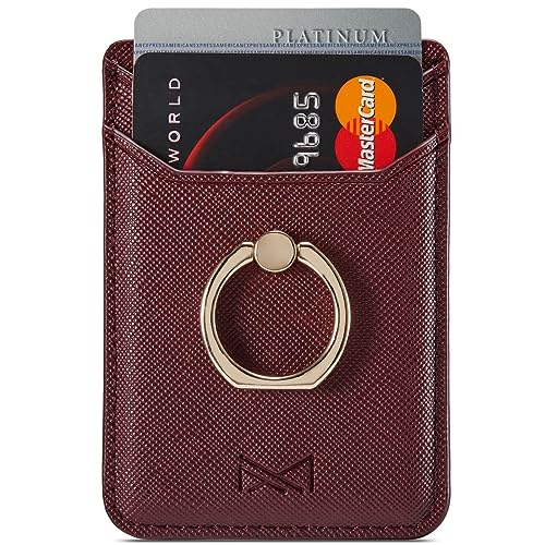 Phone Card Holder with Ring Grip for Back of Phone,Adhesive Stick-on Credit Card Wallet Pocket for iPhone,Android and Smartphones (Wine) - color: Wine