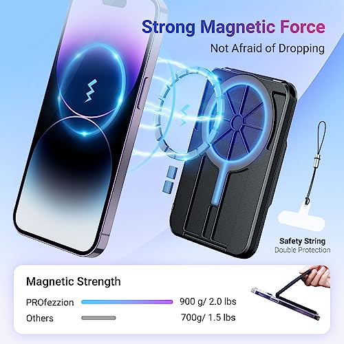 PROfezzion Double Side Magnetic Phone Card Holder Wallet for MagSafe, Black | Black, RFID Blocking, Compatible with iPhone 17 16 15 14 13 12 Pro Max, Holds 4-Cards, Secure Snap Latch, Adjustable Stand - color: BLACK