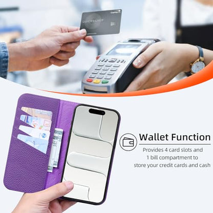 VISOUL Pebbled Leather Wallet Case for iPhone 17 Pro Max 6.9" 2025, Genuine Leather Flip Folio Cover with RFID Blocking Card Holders, Kickstand, Soft TPU Protective Flip Cover -Gray+Purple - color: Gray+Purple