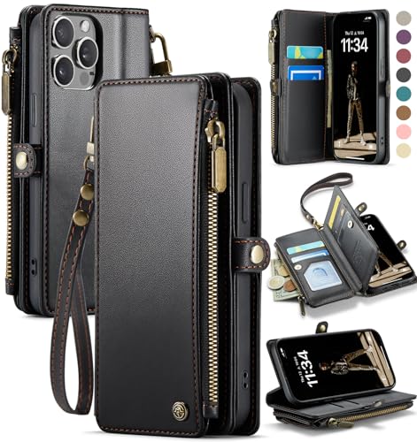 Defencase for iPhone 15 Pro Wallet Case with RFID Card Holder, Black | Durable Soft PU Leather, with Zipper Pocket, Wrist Strap, Fashion Snap Flip Phone Cases Cover with Stand for Women and Men - color: Black