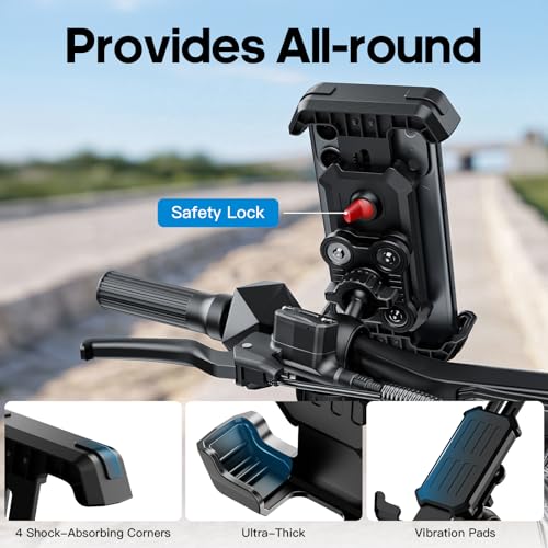 Wallke Motorcycle Phone Mount w/Dual Vibration Dampener & Anti-Theft Lock, Anti-Shake Bike Phone Holder, 360° Rotate Handlebar Ebike Phone Holder for Scooter Dirt Bike ATV, Fit 4.7-7” All Smartphone