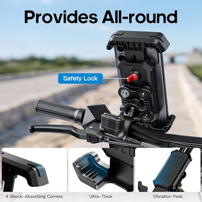 Wallke Motorcycle Phone Mount w/Dual Vibration Dampener & Anti-Theft Lock, Anti-Shake Bike Phone Holder, 360° Rotate Handlebar Ebike Phone Holder for Scooter Dirt Bike ATV, Fit 4.7-7” All Smartphone