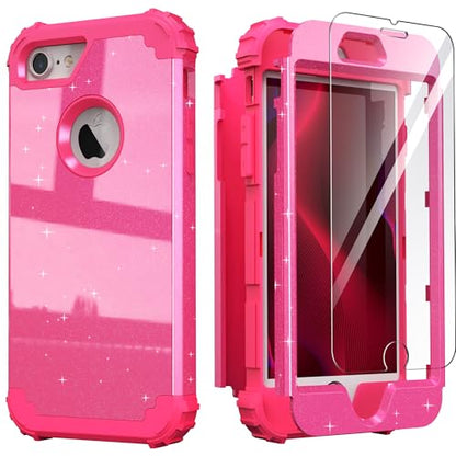IDweel for iPhone 8 Case & for iPhone 7 Case with Screen Protector(Tempered Glass),3 in 1 Shockproof Hybrid Heavy Duty Hard PC Cover Soft Silicone Sturdy Bumper Full Body Sturdy Case,Glitter Rose Red - color: Glitter Rose Red