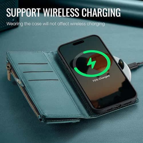Defencase for iPhone 14 Plus Wallet Case with RFID Card Holder, Blue Green | Durable Soft PU Leather, with Zipper Pocket, Wrist Strap, Fashion Snap Flip Phone Cases Cover with Stand for Women and Men - color: Blue Green