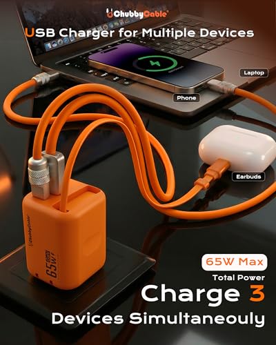 ChubbyCable 65W GaN Wall Charger with Retractable USB C Cable, Orange