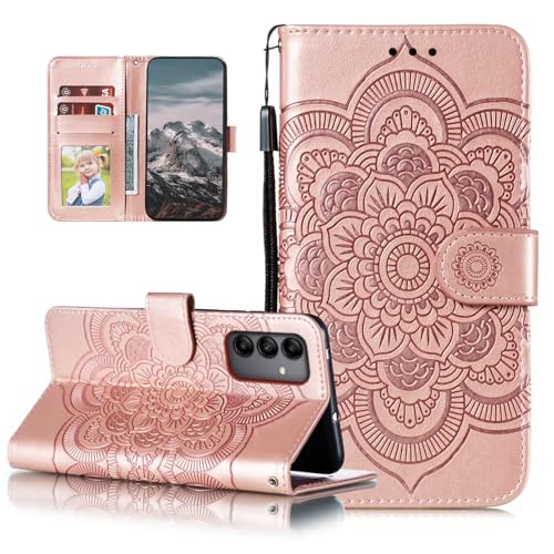 EYZUTAK Case for Samsung Galaxy A16 4G/5G, Premium Leather Magnetic Closure Flip Wallet Phone Case with Card Holder Cash Slot Stand Function Embossed Mandala Flower Shockproof Lanyard Cover -Rose Gold - color: Rose Gold, size: Samsung Galaxy A16 4G/5G