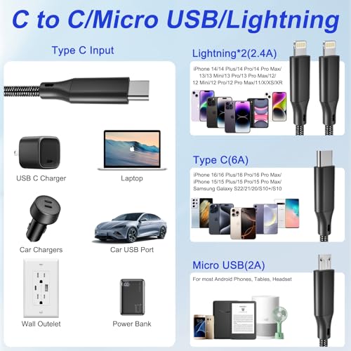 USB C to USB C/Dual Lightning/Micro USB Charging Cable 2M/6Ft, 4 in 1 Multi Charging Cable for Multiple Devices, Braided Universal iPhone Charger Cord for Cell Phones, iPhone Series, Tablets, Galaxy