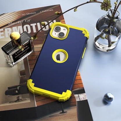 IDweel for iPhone 15 Case with Screen Protector,Luxury 3 in 1 Shockproof Slim Fit Hybrid Heavy Duty Protection Glitter Hard PC Cover Soft Silicone Bumper Full Body Case,Navy Blue/Yellow - color: Navy Blue/Yellow
