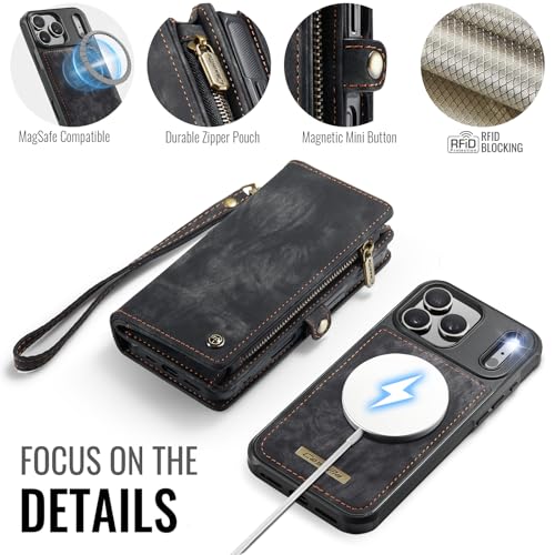 Compatible with iPhone 17 Pro Wallet Case with Magsafe,Black | Magnetic Detachable Case,Card Holder,Zipper Pocket,Strap Wristlet, Soft Leather Drop-Proof Phone Case for iPhone 17 Pro 6.3" - color: (Detachable and Magsafe)-Black, size: iPhone 17 Pro 6.3 In