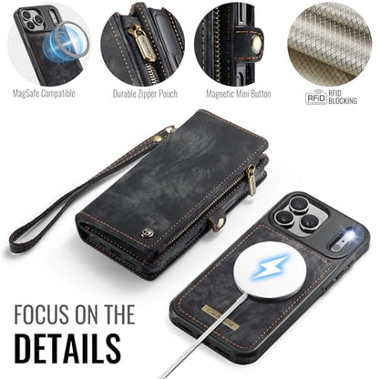 Compatible with iPhone 17 Pro Wallet Case with Magsafe,Black | Magnetic Detachable Case,Card Holder,Zipper Pocket,Strap Wristlet, Soft Leather Drop-Proof Phone Case for iPhone 17 Pro 6.3" - color: (Detachable and Magsafe)-Black, size: iPhone 17 Pro 6.3 In
