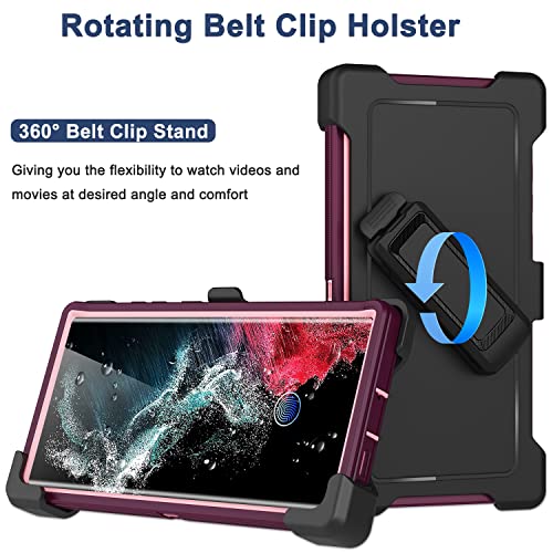 for Samsung Galaxy S22 Ultra Case with Belt Clip Holster, 2X Screen Protector, Military Grade Protection Heavy Duty Full Body Shockproof Rugged Protective Cover for Samsung S22 Ultra 5G Wine - color: Wine