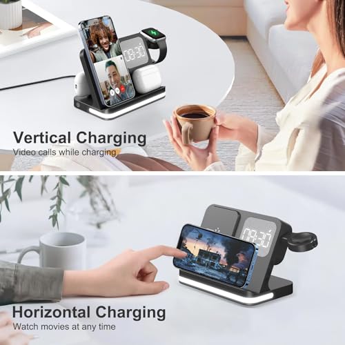 7 in 1 Wireless Charging Station Compatible with Apple Multiple Devices iPhone, AirPods, and Apple Watch - Phone Wireless Charger Fast Charging with Night Lamp and Clock(Black)