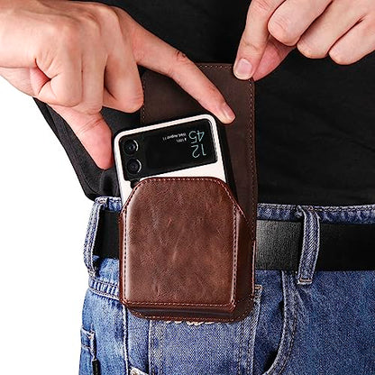 Leather Mobile Phone Holster Compatible with Samsung Galaxy Z Flip 8/7/6/5/4/3, Flip Smartphone Waist Bag with Belt Loop Compatible with Motorola RAZR 70 60 50 40 Ultra/RAZR+/Pura X/P50 Pocket - color: Coffee