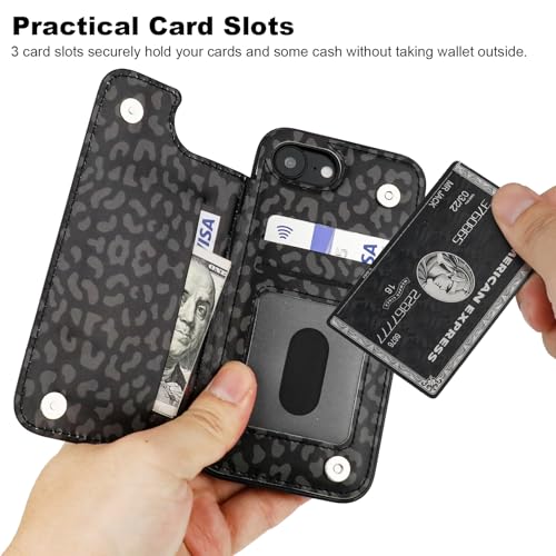 HAOPINSH for iPhone 17e 16e Wallet Case with Card Holder, Black Leopard Cheetah Back Flip Folio PU Leather Kickstand Card Slots Case for Women Girls, Double Magnetic Clasp Shockproof Cover 6.1" - color: Black Leopard