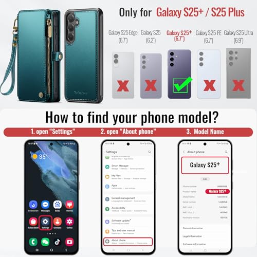Defencase for Galaxy S25 Plus Case Wallet Compatible with Magsafe, Green | Magnetic Detachable, RFID Bolcking Card Holder, Zipper Strap, PU Leather Drop-Proof Phone Cover for Samsung Galaxy S25+/Plus - color: (Detachable with Magsafe)-Blue Green