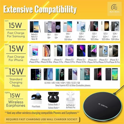 Fast Certified Wireless Charger pad Compatible with iPhone (17/16/15/14/13/12/X/8, Samsung (S26/S25/S24/S23/S22/S20/S10/S9/S8/Note8/9/10 & Other Wireless Charging Compatible Phones and Earphones