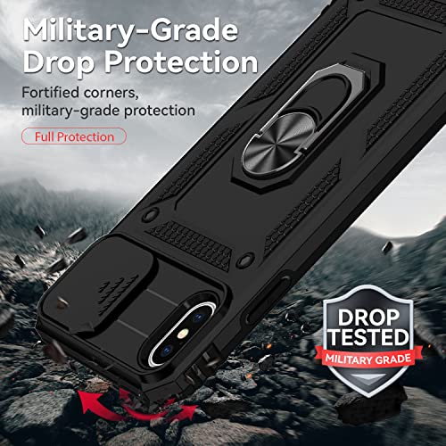 for iPhone Xs Max Case with Camera Lens Cover HD Screen Protector, Dual Layer Military Grade Drop Protection Magnetic Ring Holder Kickstand Protective Phone Case for iPhone Xs Max 6.5 inch (Black) - color: Black with camera cover Military-Grade 2nd gen