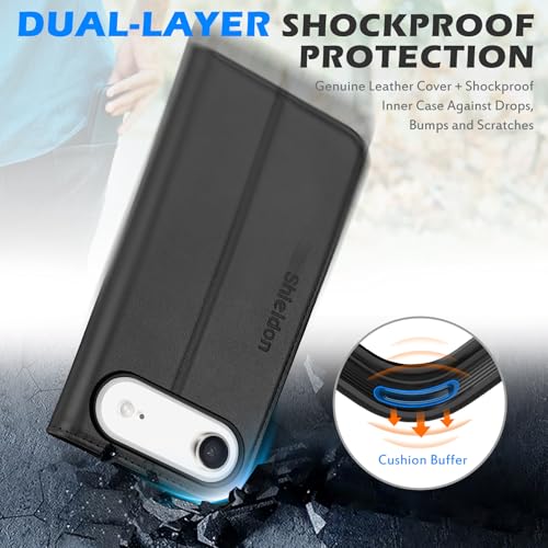 SHIELDON Genuine Leather Wallet Case for iPhone Air 6.5" 2025, Black | Magnetic Closure, RFID Blocking, Credit Card Holder, Kickstand, Folio Design, Shockproof TPU Phone Cover - color: Black