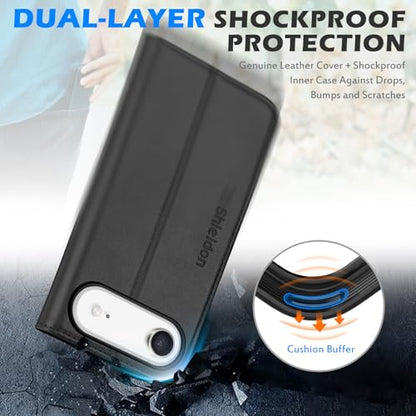 SHIELDON Genuine Leather Wallet Case for iPhone Air 6.5" 2025, Black | Magnetic Closure, RFID Blocking, Credit Card Holder, Kickstand, Folio Design, Shockproof TPU Phone Cover - color: Black