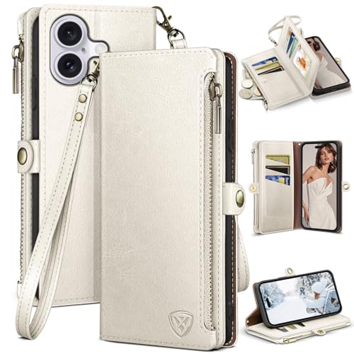 XcaseBar Compatible with iPhone 16 Plus 6.7" Wallet case with Zipper Credit Card Holder【RFID Blocking】,Flip Folio Book PU Leather Phone case Shockproof Cover Men Women for Apple 16 Plus case White - color: White