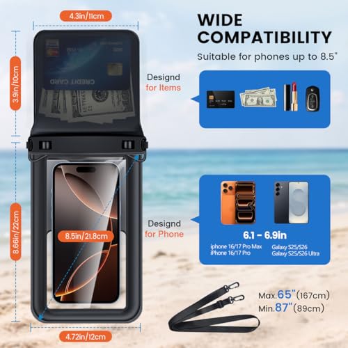 2 Pack Floating Waterproof Phone Pouch, Up to 8.5", Double Space | IPX8, Touchscreen, Waterproof Phone Case Dry Bags for iPhone 17 16 15 Pro Max, Beach Cruise Essentials 2026 - color: Black+Pink