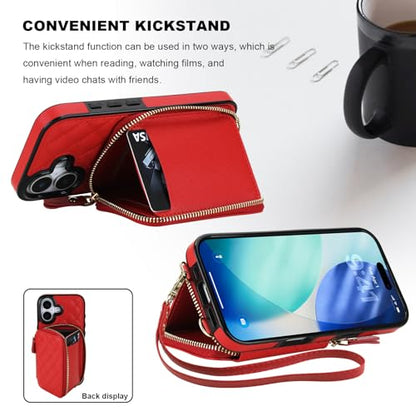 Bocasal Crossbody Wallet Case Card Holder for iPhone 17, Red | RFID Blocking PU Leather Zipper Handbag Purse, Kickstand Flip Folio Case with Card Slots Holder Wrist Strap Lanyard 6.3 Inch - color: Red