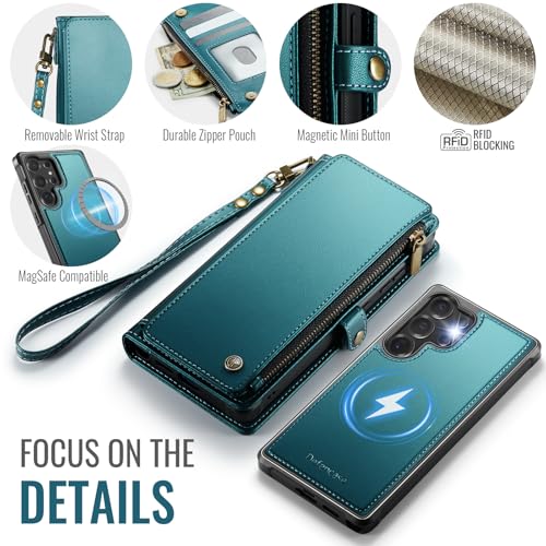 Defencase for Galaxy S24 Ultra Case Wallet Compatible with Magsafe, Green | Magnetic Detachable, RFID Bolcking Card Holder, Zipper Strap, PU Leather Drop-Proof Phone Cover for Samsung Galaxy S24 Ultra - color: (Detachable with Magsafe)-Blue Green