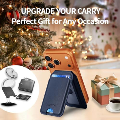 Magnetic Phone Wallet Stand for iPhone,4-Card Holder with RFID Blocking,6X Stronger Magnet,0.28in Slim Vegan Leather,Built-in Mirror &180° Stand for iPhone 17/16/15/14/13/12 Series(Dark Blue) - color: Dark Blue