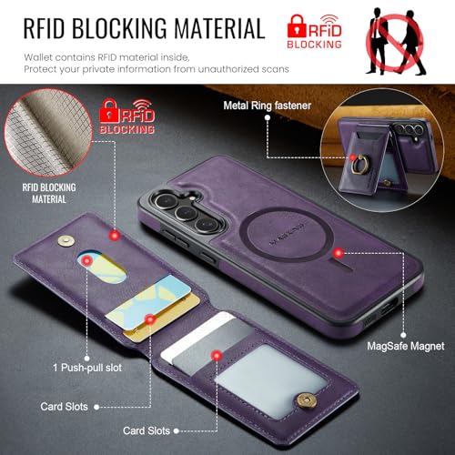 for Samsung Galaxy S26 Plus 2 in 1 Detachable Card Bag Wallet Case Durable Leather Wallets Magnetic Card Holder 4 Card Slots Ring Stand RFID Blocking Purple - color: Purple, size: Samsung Galaxy S26 Plus