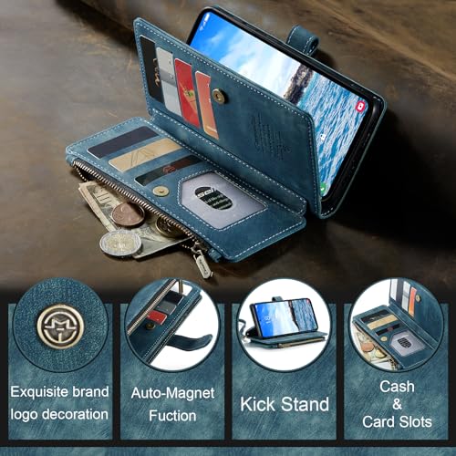 Compatible with Samsung Galaxy S24+ Plus Wallet Case with Card Holder Kickstand Magnetic Zipper Pocket Lanyard Strap Wristlet,Leather Flip Case Wallet for Galaxy S24+ Plus 5G 6.7 Inch(Blue) - color: Blue, size: S24+ Plus 6.7 Inch