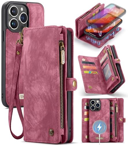Compatible with iPhone 15 Pro Wallet Case with Magsafe,Red | Magnetic Detachable Case,Card Holder,Zipper Pocket,Strap Wristlet, Soft Leather Drop-Proof Phone Case for iPhone 15 Pro 6.1" - color: Red, size: iPhone 15 Pro 6.1"