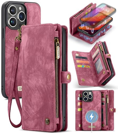 Compatible with iPhone 15 Pro Wallet Case with Magsafe,Red | Magnetic Detachable Case,Card Holder,Zipper Pocket,Strap Wristlet, Soft Leather Drop-Proof Phone Case for iPhone 15 Pro 6.1" - color: Red, size: iPhone 15 Pro 6.1"