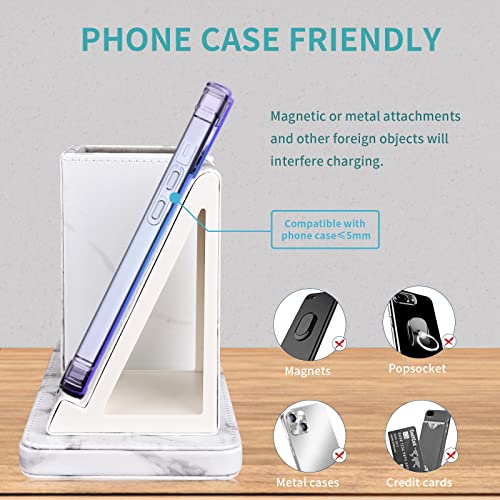 Wireless Charger with Desk Organizer, Wireless Charging Station for iPhone 13/13 Pro Max/13 Pro/12 Series/11/XS Max/XR/X/8Plus/SE 2, Wireless Charging Stand with Leather… (Marble) - color: Marble