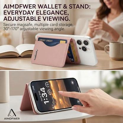 MagSafe Wallet Stand with ID Window, 7 Card Holder with RFID Blocking for MagSafe Phone and Case, Slim Leather Magnetic Wallet for iPhone 17e/17/16/15/14/13/12 Series(Pink) - color: Pink
