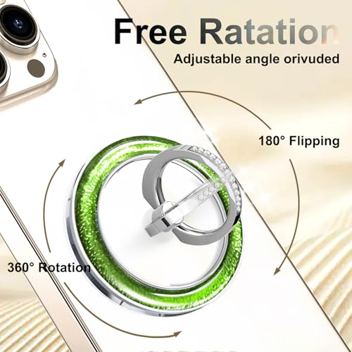 Transparent Shiny Magnetic Phone Ring Holder,360° Rotatable Removable Phone Grip,Clear Green Sparkle Diamond Stylish Design Compatible with All Phones & Tablets - color: Clear Green 1