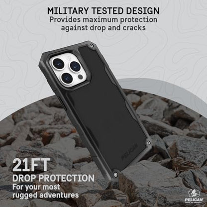 Pelican Shield Brushed Aluminum - iPhone 15 Pro Case 6.1" [Compatible with MagSafe] [21ft Military Grade Drop Protection] Magnetic Charging Phone Case Cover with Belt Clip Holster Kickstand - Black - color: Shield Brushed Aluminum, size: iPhone 15 Pro