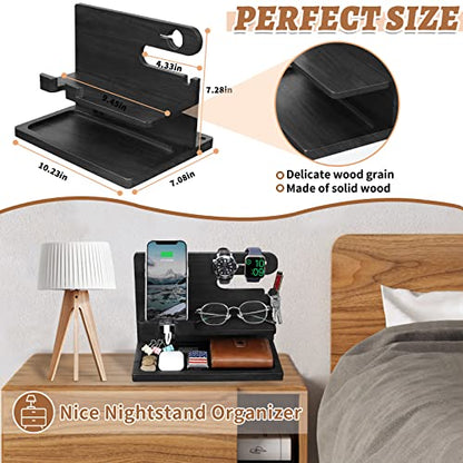 Gifts for Men Wood Phone Docking Station for Men Nightstand Organizer Gifts for Dad Charging Station Cell Phone Stand Desk Organizer Gifts for Husband Boyfriend Brother Son (Black)