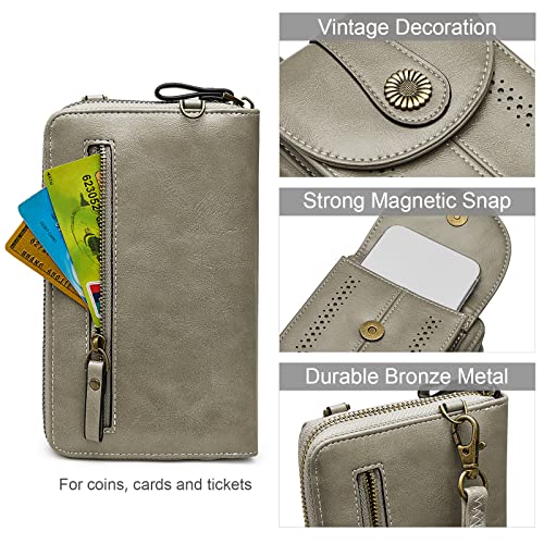 S-ZONE Women RFID Blocking Crossbody Cell Phone Purse PU Leather Wallet | Card Slots, Anti-theft, Multi Pockets, Detachable Adjustable Strap, Small, Travel Eveyday Shopping Outing - color: Grey