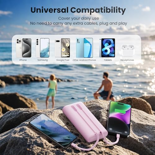 Portable Charger 40,800mAh Power Bank 25W Portable Battery Pack with 2 Built in Cables [2026 Upgraded], PD QC4.0 Fast Charging Portable Phone Charger Compatible with iPhone 17/16,Android Samsung-Pink - color: Pink