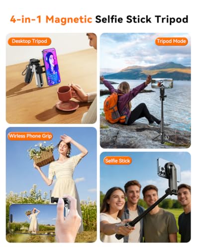 CloudValley Magnetic Mini Selfie Stick Tripod, 4-in-1 Pocket Size Phone Tripod with 360° Rotation, Choice Rechargeable Bluetooth Remote, Foldable Handle Grip, Compatible with MagSafe iPhone - style: No Light