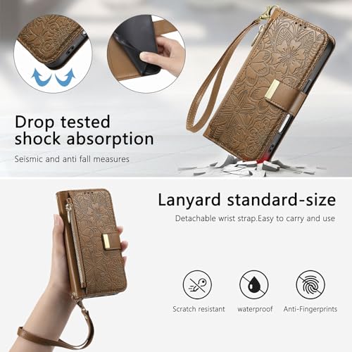for iPhone 17 Pro Phone Case Wallet, Brown | Built-in Card Holder (8-10 Cards), Zipper Pocket, Wrist Strap, Stand Kickstand, Flower PU Leather Protective Phone Case Women - color: Brown, size: iPhone 17 Pro