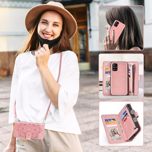 Asuwish Phone Case for Samsung Galaxy A71 5G Zipper Wallet Magnetic Detachable Cell Cover with Tempered Glass Screen Protector Crossbody Strap Flower Card Holder A 71 G5 71A S71 Women Girls Rose Gold - color: Rose Gold