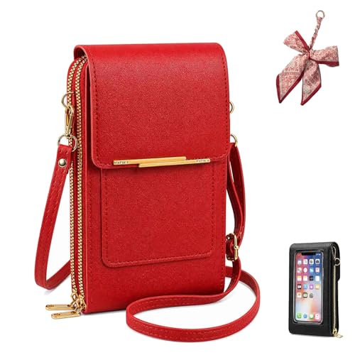 2026 Touchscreen Phone Crossbody Bag for Women, RFID Blocking Leather Mobile Phone Purse - color: Red
