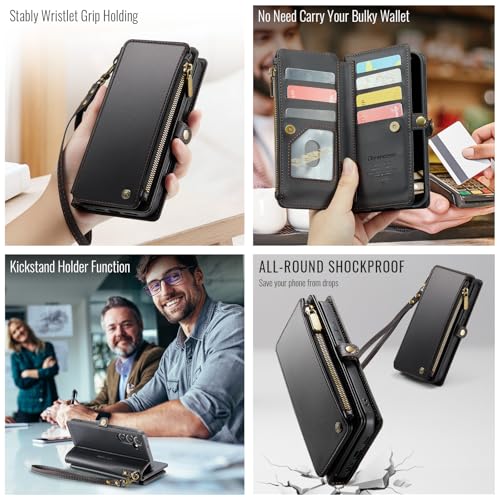 Defencase for Samsung Galaxy A15 5G Wallet Case with Card Holder, Black | Durable Soft PU Leather, with RFID Blocking Zipper Pocket & Wrist Strap, Flip Phone Cases Cover with Stand for Women and Men - color: Black