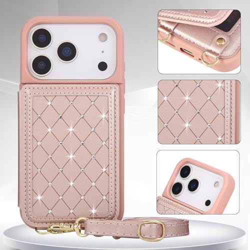 for iPhone 17 Pro Max Wallet Case with Card Holder Slots and Strap, RFID Blocking Magnetic Flip Folio Cover, Crossbody Purse Protection Case with Kickstand,Rose Gold Diamond - color: Rose Gold Diamond, size: iPhone 17 Pro Max(6.9")