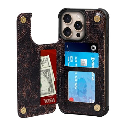 Wallet Real Leather Case Compatible with iPhone 13 Pro 6.1" | Genuine Leather,Shockproof, Anti-Fall Case,Flip Cover,with Card Slot,Double Magnetic Buckle,Kickstand,RFID Blocking Coffee - color: Brown Coffee, size: 6.1"-13 Pro