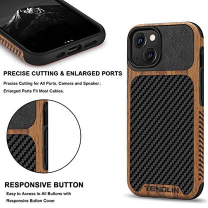 TENDLIN Compatible with iPhone 13 Case Wood Grain with Carbon Fiber Texture Design Leather Hybrid Case Compatible for iPhone 13 6.1-inch Released in 2021 Black - color: Black