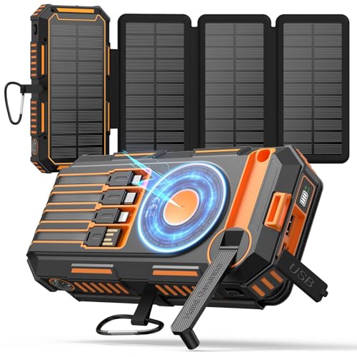 FEELLE Solar Power Bank 50000mAh Magnetic Portable Charger with Hand Crank - color: Orange
