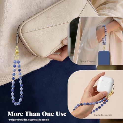 SURPHY Natural Stone Phone Charm, Beaded Phone Wrist Strap with Tether Tab - color: Aventurine Blue