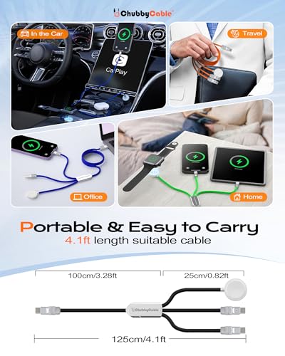 chubbycable 3 in 1 Silicone USB C Cable for Apple Watch, Black, 4.1FT - color: Black